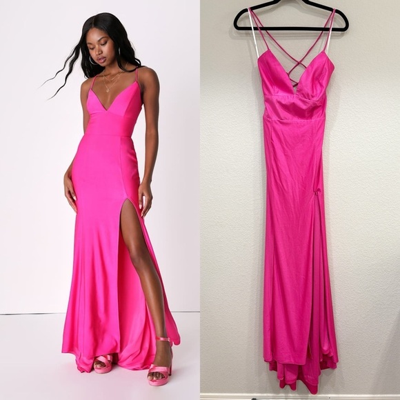 Lulus Dresses & Skirts - NWOT Lulus Divine Desires Hot Pink Satin Lace-Up Mermaid Maxi Dress